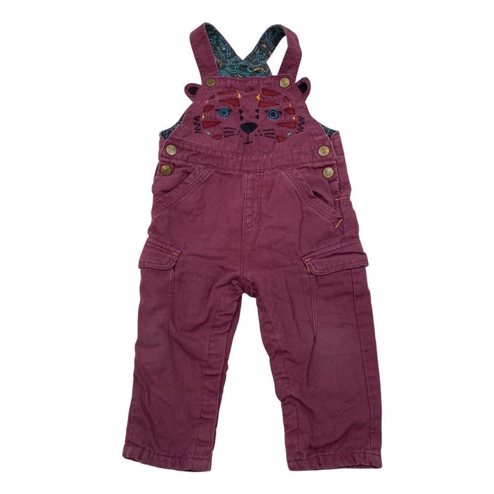 Du Pareil…au meme Brand Burgundy Embroidered‎ Tiger Face Bib Overalls Size 18 Mo